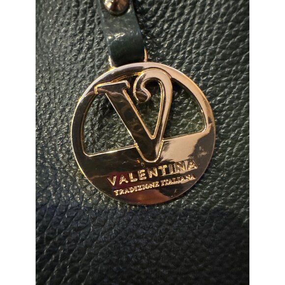 Valentina Italy Leather Shoulder Bag Green Tan Strap Gold Logo Zip Purse - Picture 2 of 16